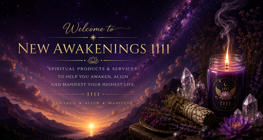 Promotional graphic for 'New awakenings 1111' featuring a purple candle jar with a lit flame, surrounded by crystals, a smudge bundle, and a purple flower against a cosmic mountain landscape background.